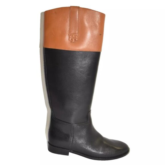 TORY BURCH DOUBLE T RIDING BOOT Black Bourbon Size 6.5 M DD440 - Picture 1 of 6